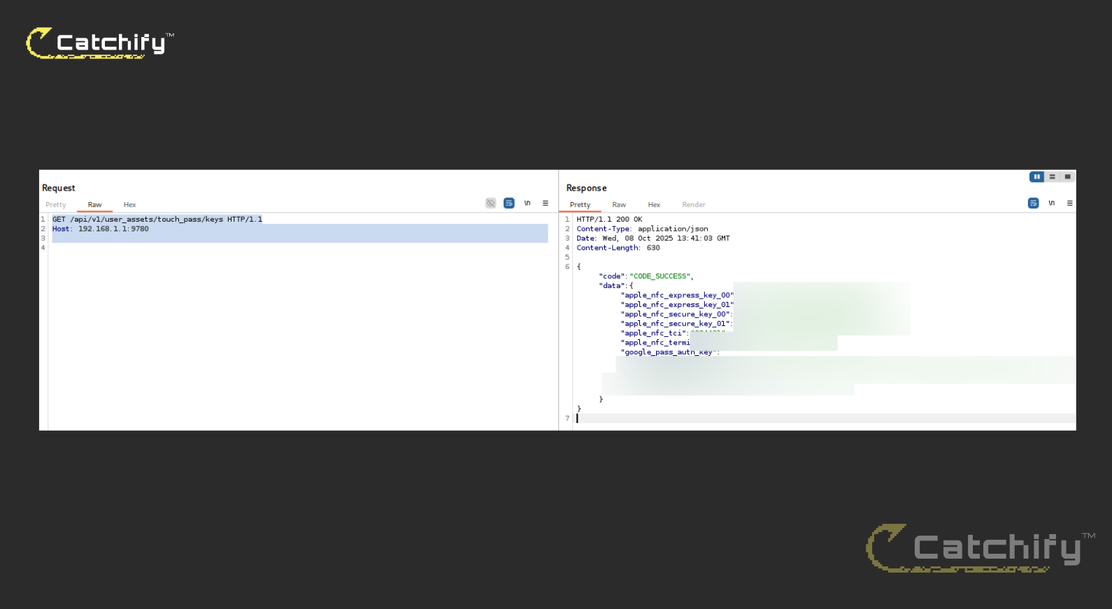 Burp Suite showing GET request to touch_pass/keys endpoint exposing NFC credentials