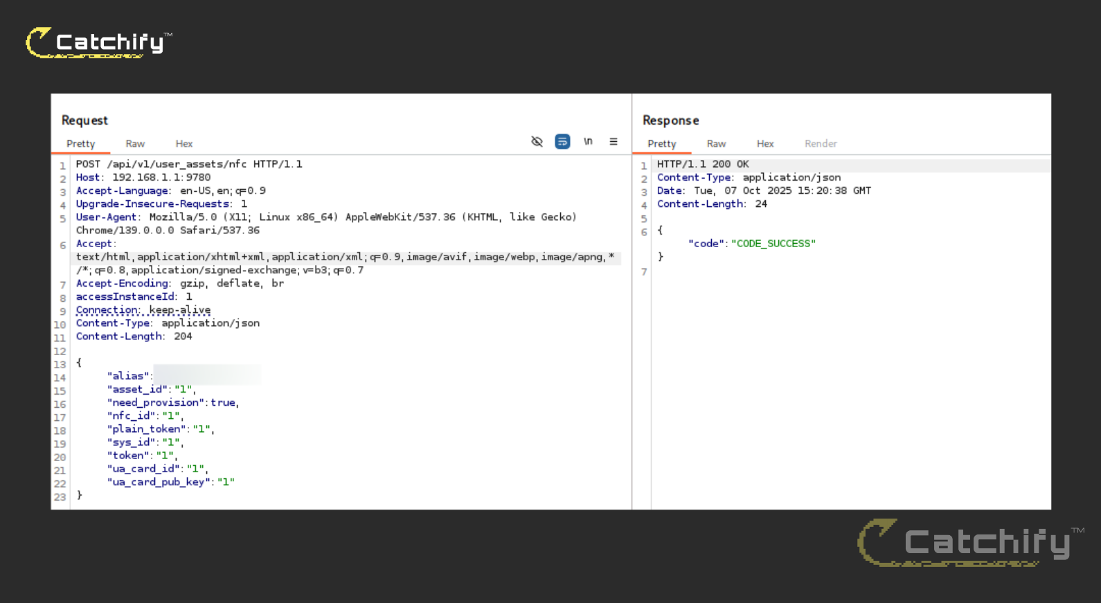 Burp Suite showing POST request to /api/v1/user_assets/nfc returning CODE_SUCCESS