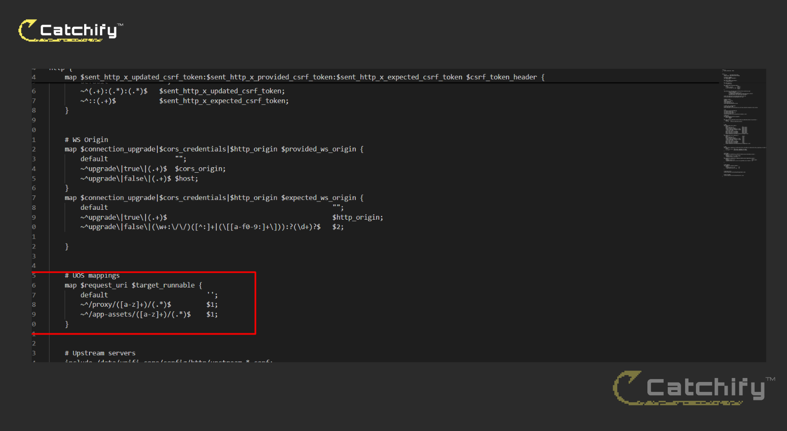 nginx configuration showing $target_runnable map derived from $request_uri