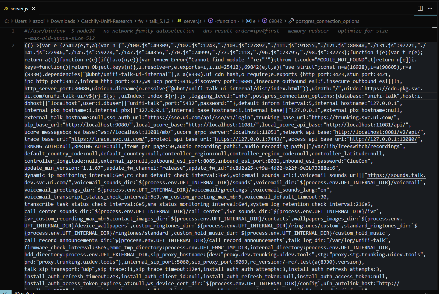 Minified UniFi Talk server.js webpack bundle showing numbered module definitions