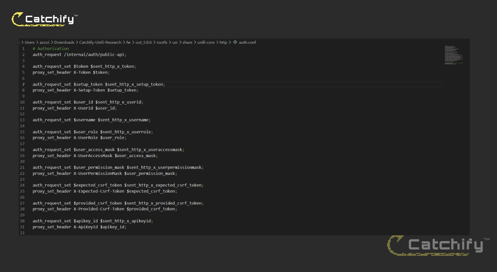 UniFi OS nginx auth.conf showing auth_request and proxy_set_header directives