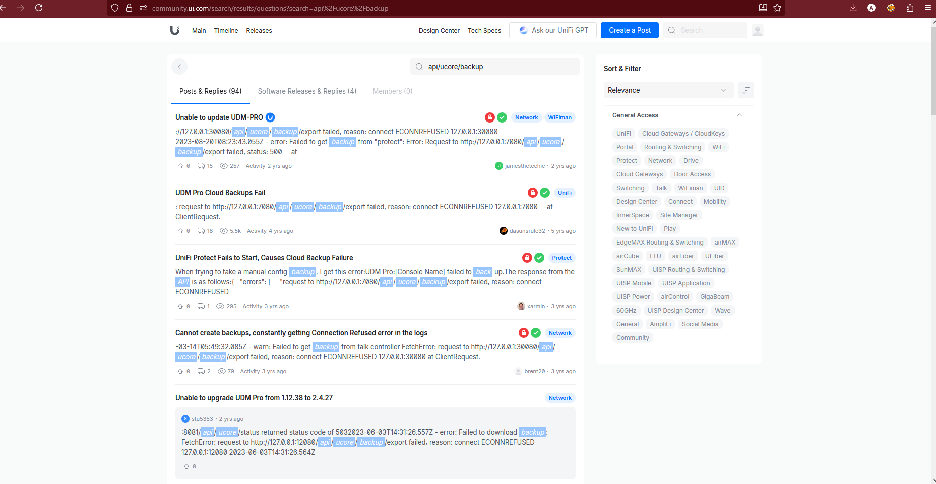 UniFi Community Forum showing backup API errors