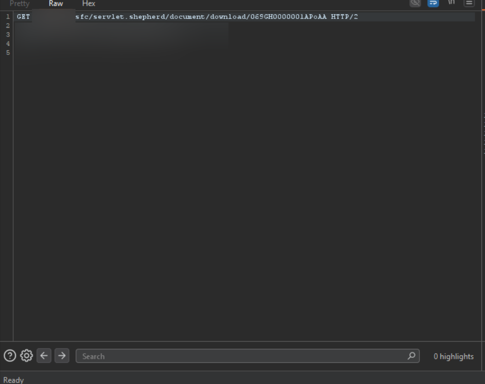 GET request to sfc/servlet.shepherd/document/download showing document ID enumeration