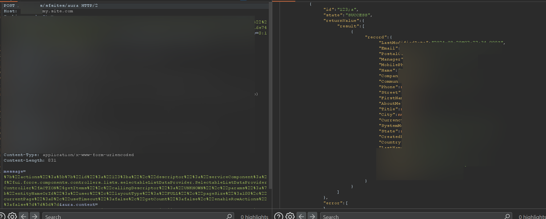 Salesforce Aura endpoint returning PII data including emails, names, and phone numbers