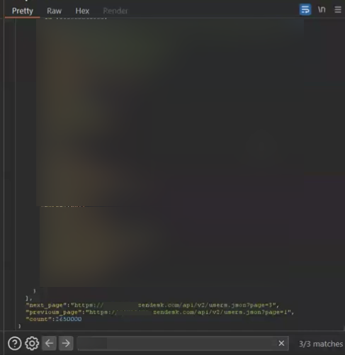 Zendesk API response showing count of 2,650,000 total user records